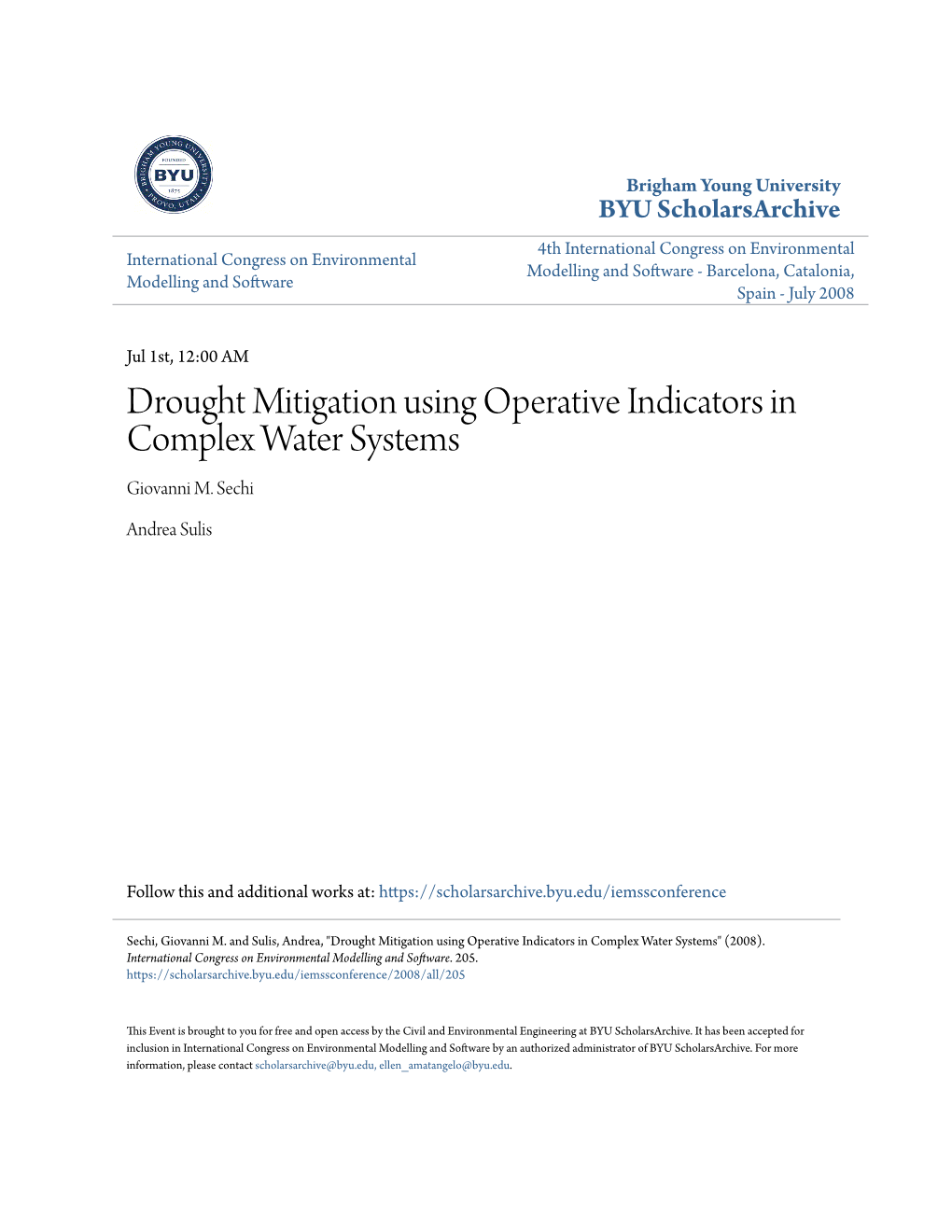 Drought Mitigation Using Operative Indicators in Complex Water Systems Giovanni M