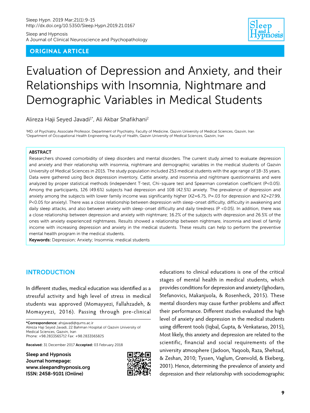 Evaluation of Depression and Anxiety, and Their Relationships with Insomnia, Nightmare and Demographic Variables in Medical Students