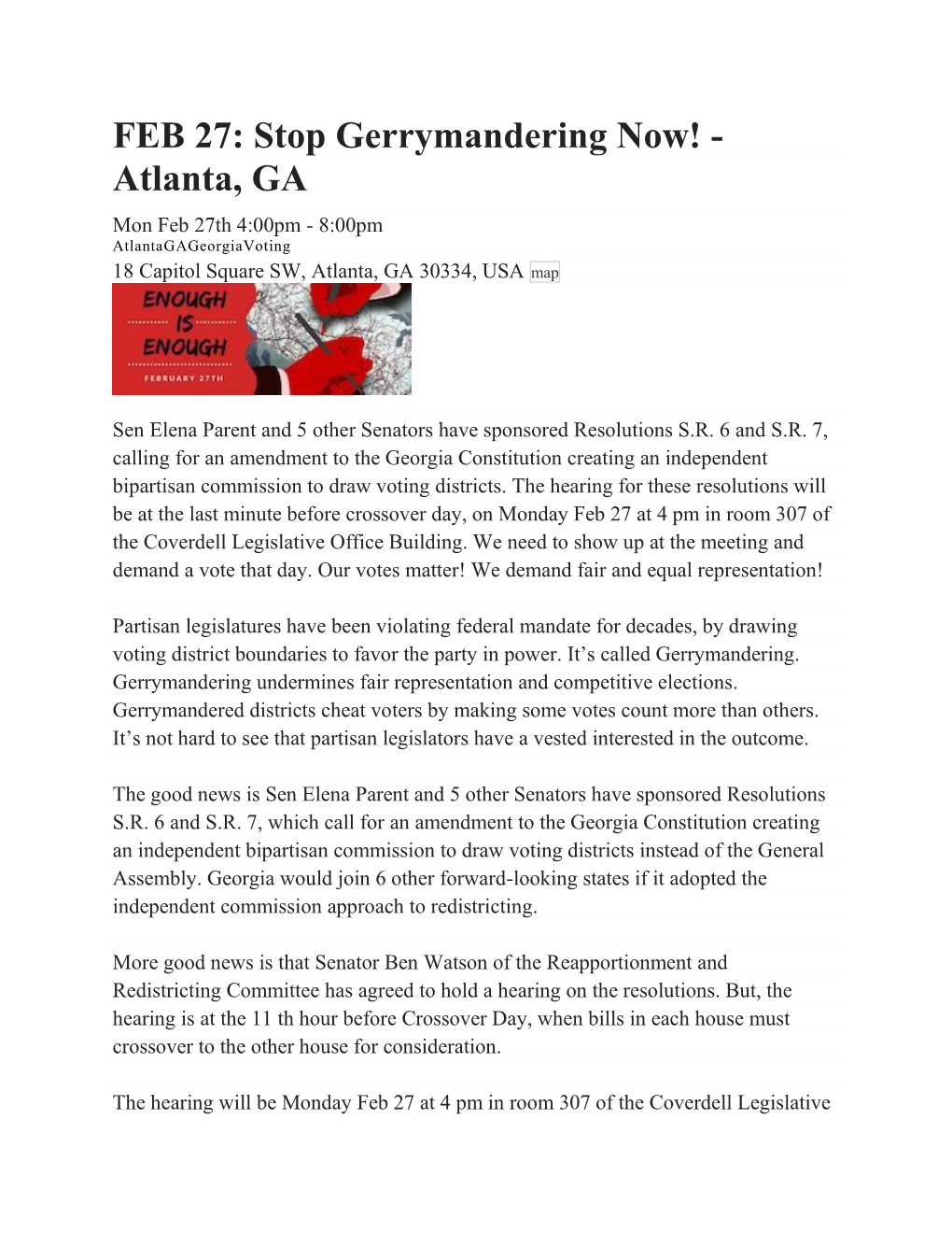 FEB 27: Stop Gerrymandering Now! - Atlanta, GA Mon Feb 27Th 4:00Pm - 8:00Pm Atlantagageorgiavoting 18 Capitol Square SW, Atlanta, GA 30334, USA Map