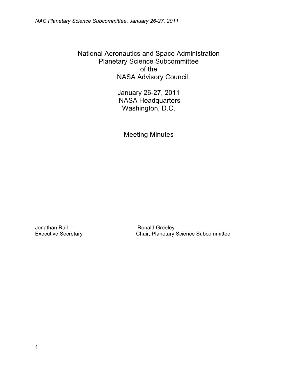 National Aeronautics and Space Administration Planetary Science Subcommittee of the NASA Advisory Council