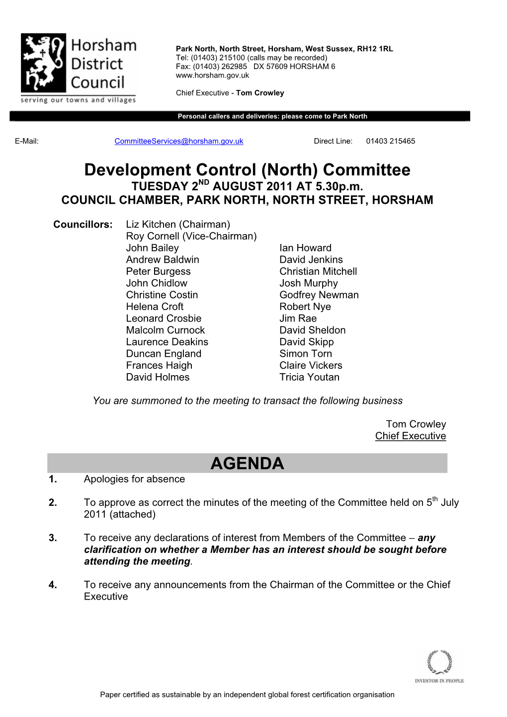 Development Control (North) Committee TUESDAY 2ND AUGUST 2011 at 5.30P.M