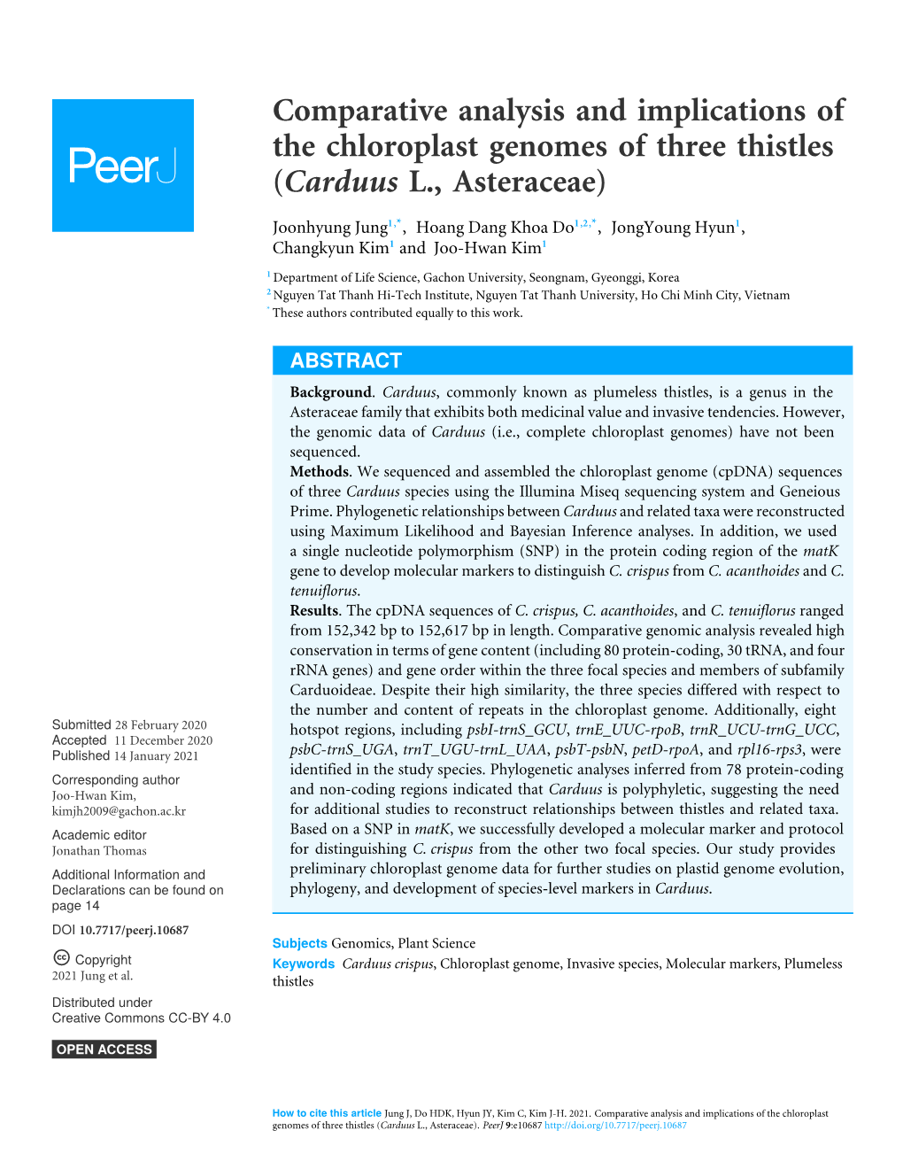 Comparative Analysis and Implications of the Chloroplast Genomes of Three Thistles (Carduus L., Asteraceae)