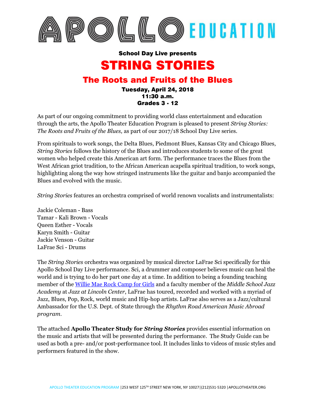 STRING STORIES the Roots and Fruits of the Blues Tuesday, April 24, 2018 11:30 A.M