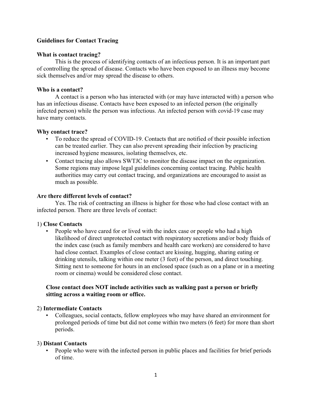 Guidelines for Contact Tracing