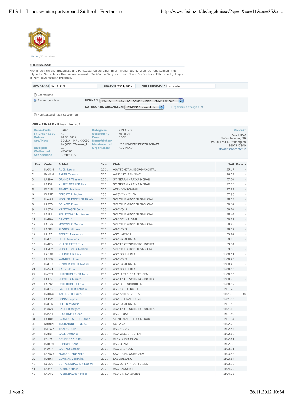F.I.S.I. - Landeswintersportverband Südtirol - Ergebnisse