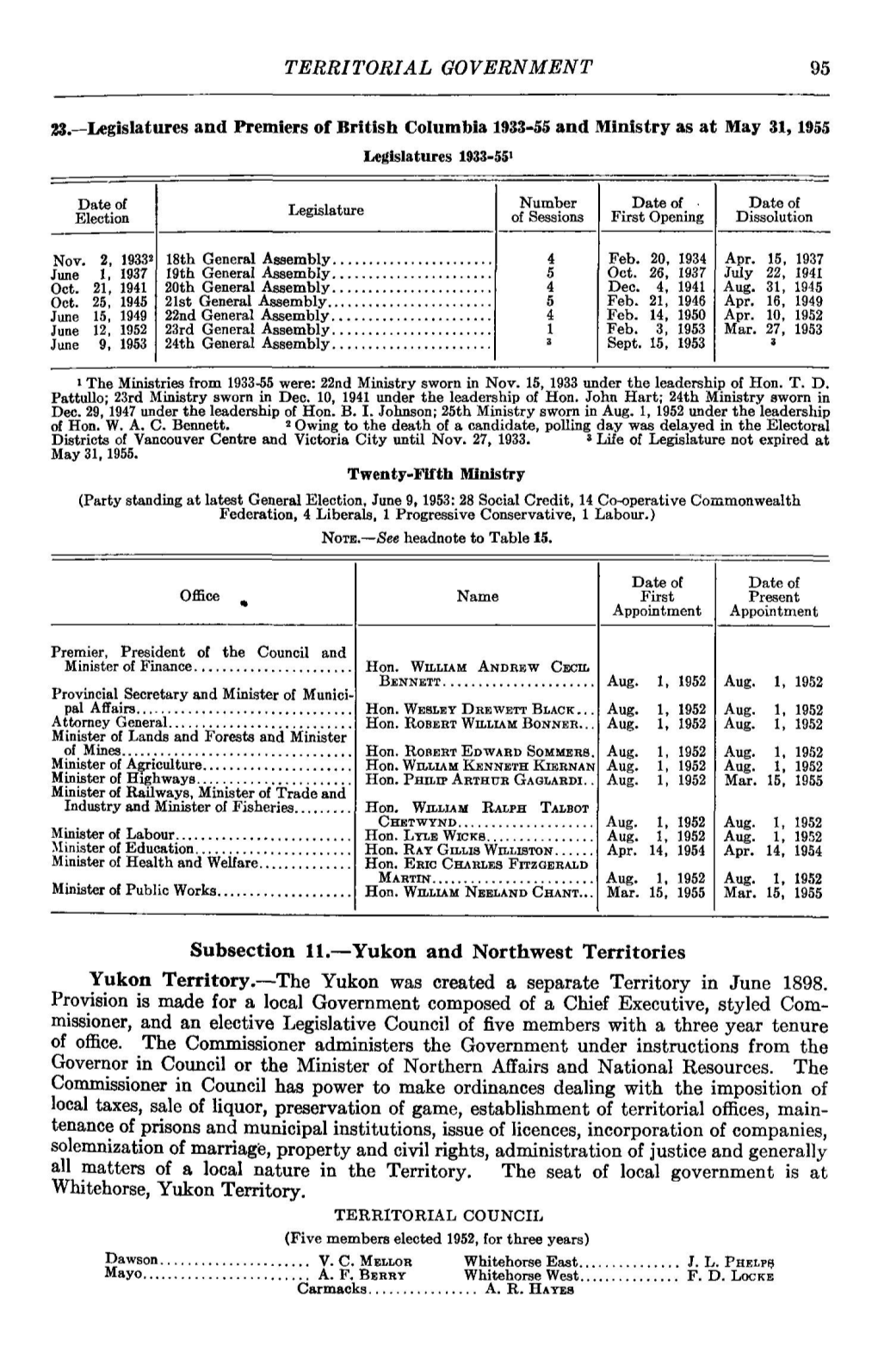 TERRITORIAL GOVERNMENT 95 23.—Legislatures and Premiers of British Columbia 1933-55 and Ministry As at May 31,1955 Legislature