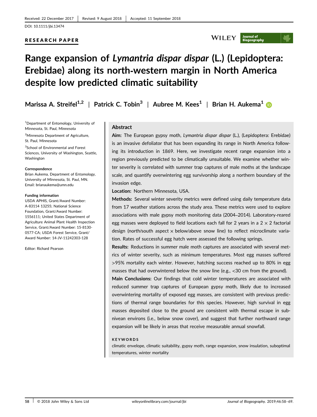 Range Expansion of Lymantria Dispar Dispar (L.) (Lepidoptera: Erebidae) Along Its North‐Western Margin in North America Despite Low Predicted Climatic Suitability