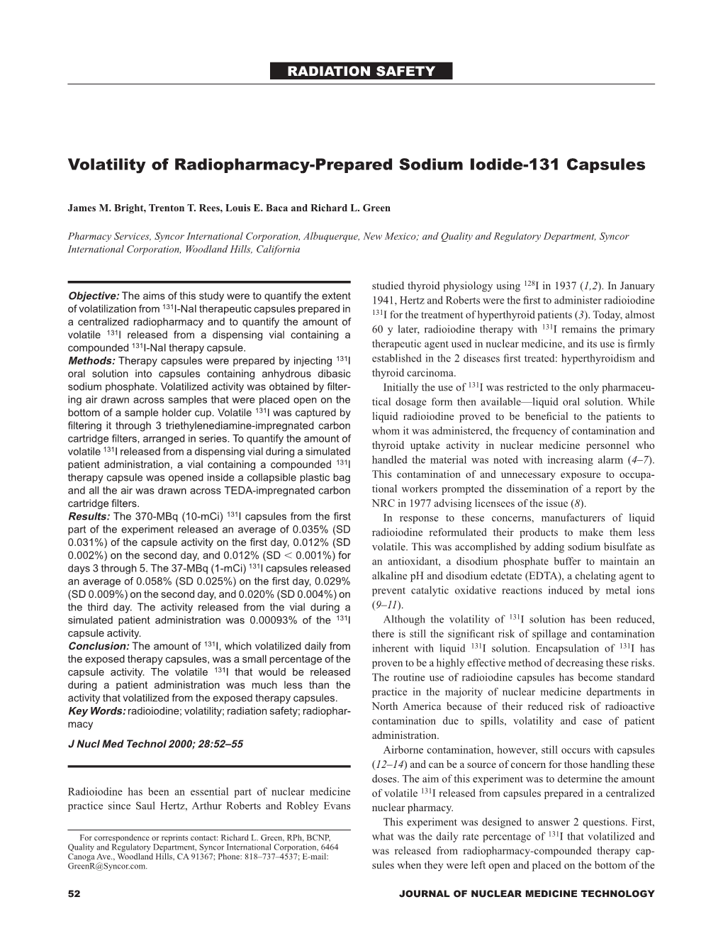 Volatility of Radiopharmacy-Prepared Sodium Iodide-131 Capsules