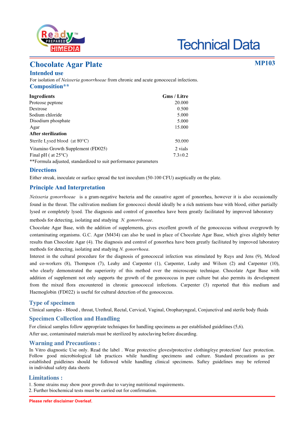 Chocolate Agar Plate MP103 Intended Use for Isolation of Neisseria Gonorrhoeae from Chronic and Acute Gonococcal Infections