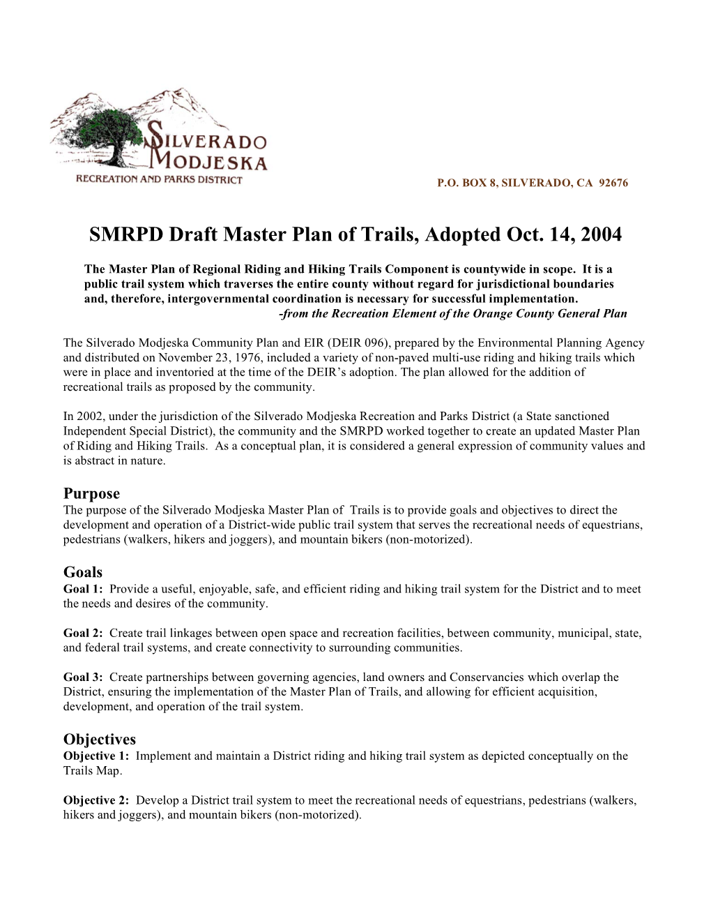 Master Plan of Trails, Adopted Oct