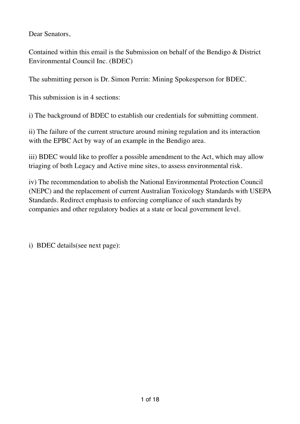 Dear Senators,� � Contained Within This Email Is the Submission on Behalf of the Bendigo & District Environmental Council Inc