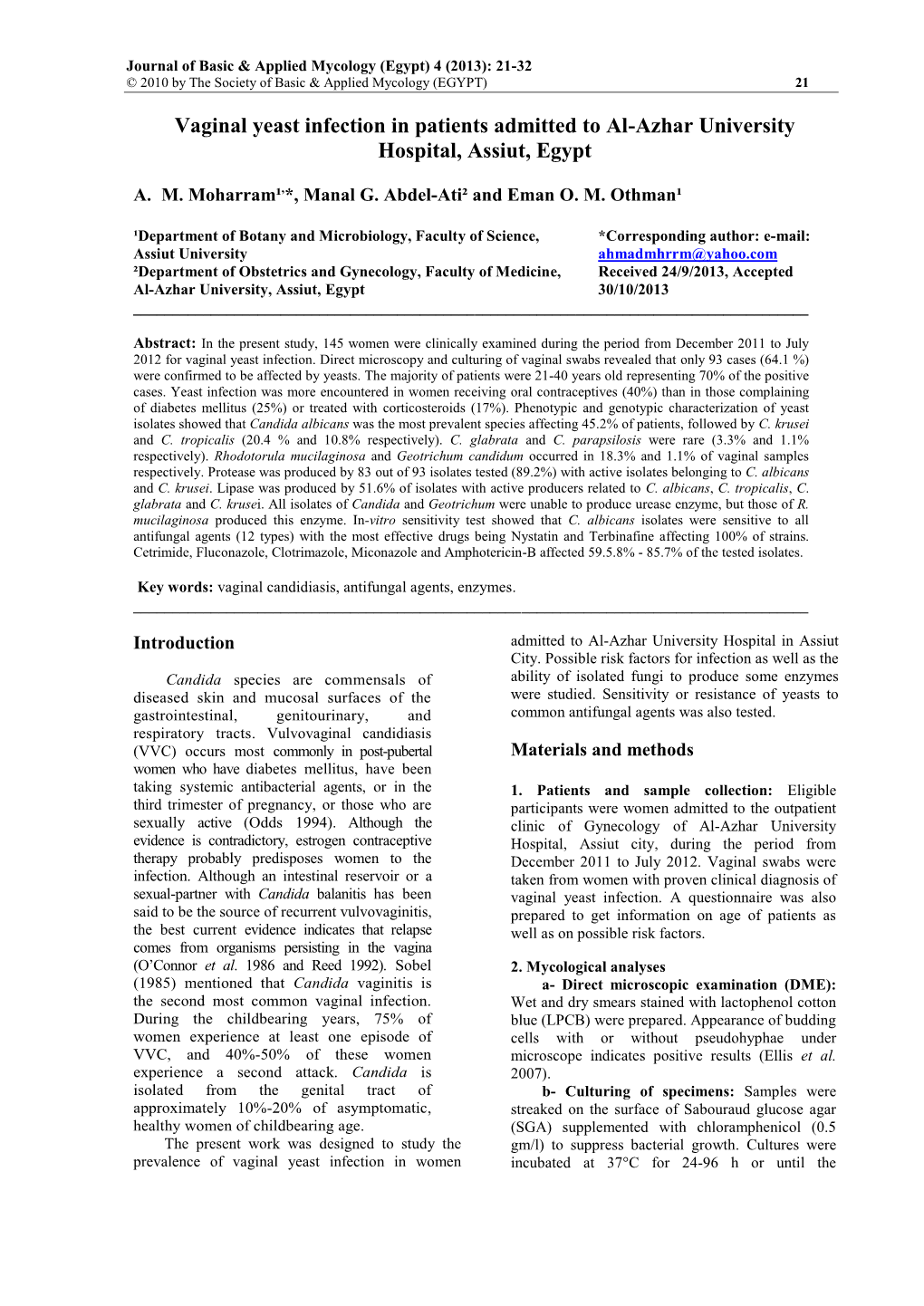 Vaginal Yeast Infection in Patients Admitted to Al-Azhar University Hospital, Assiut, Egypt