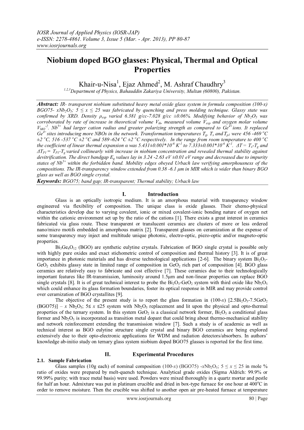 Niobium Doped BGO Glasses: Physical, Thermal and Optical Properties