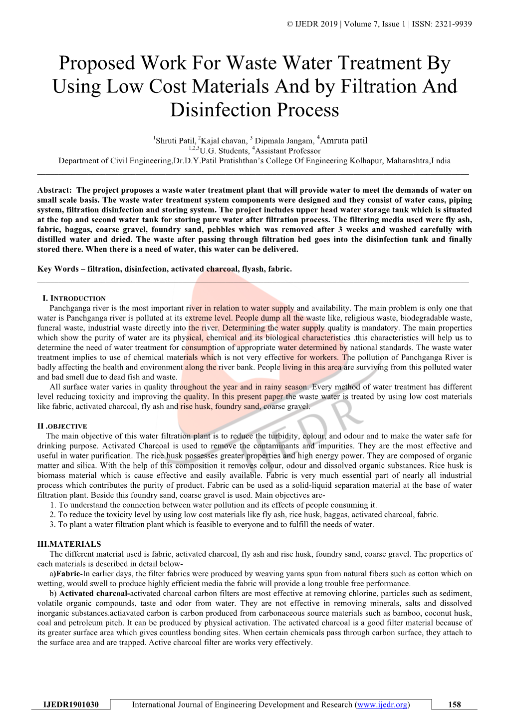 Proposed Work for Waste Water Treatment by Using Low Cost Materials and by Filtration and Disinfection Process