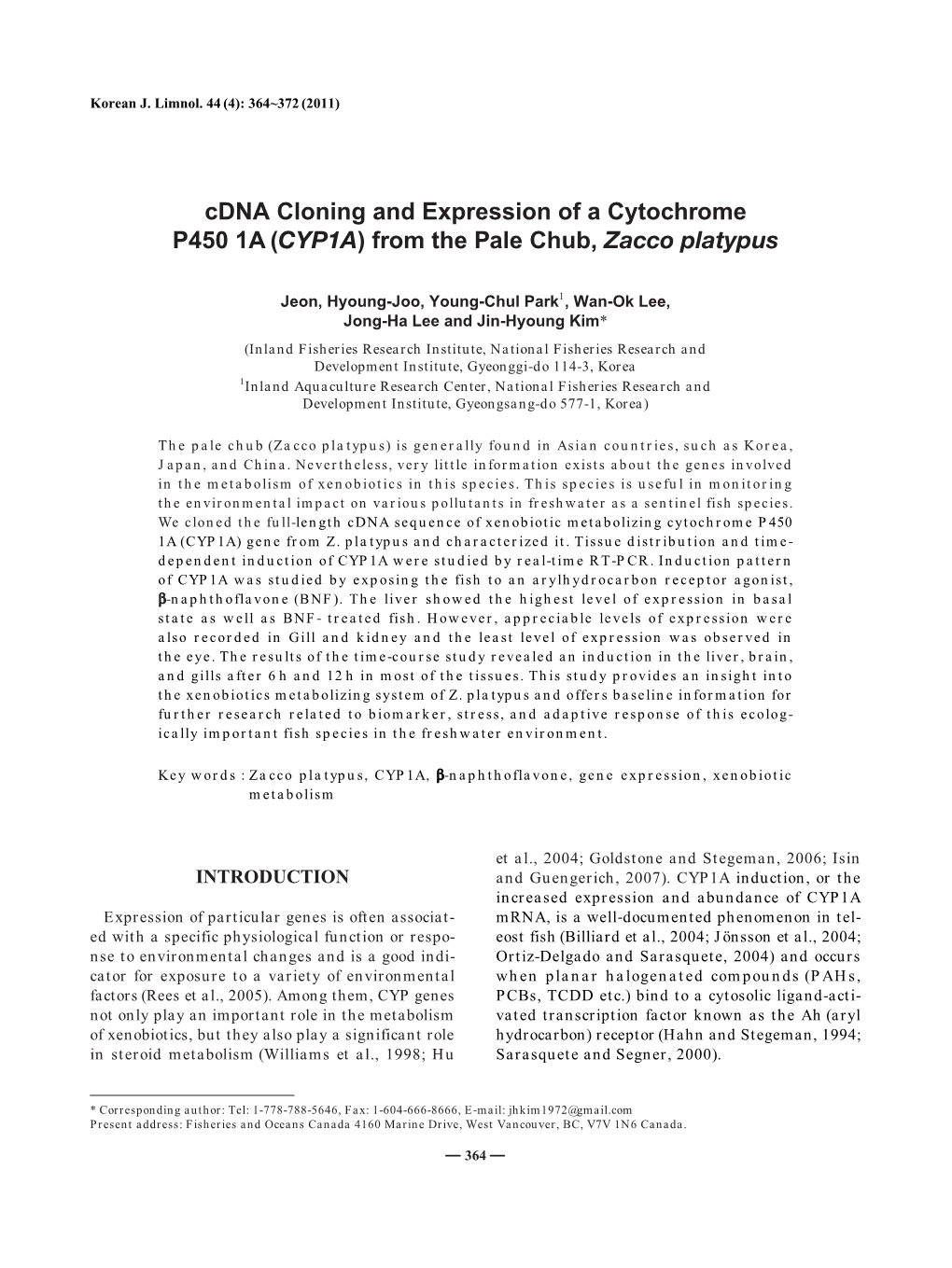 Cdna Cloning and Expression of a Cytochrome P450 1A (CYP1A) from the Pale Chub, Zacco Platypus