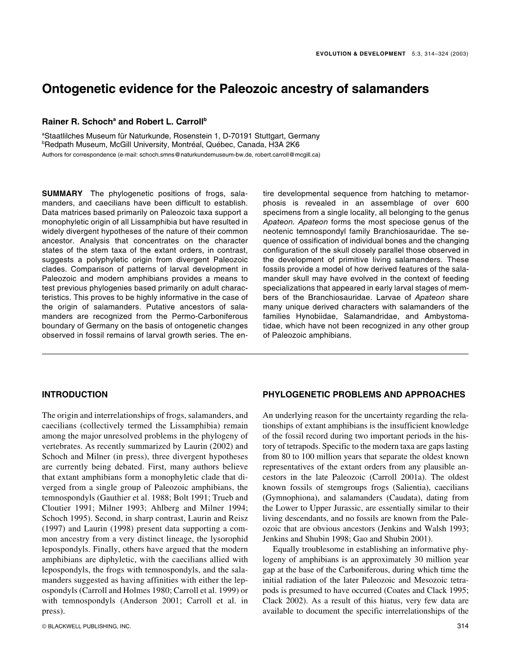 Ontogenetic Evidence for the Paleozoic Ancestry of Salamanders