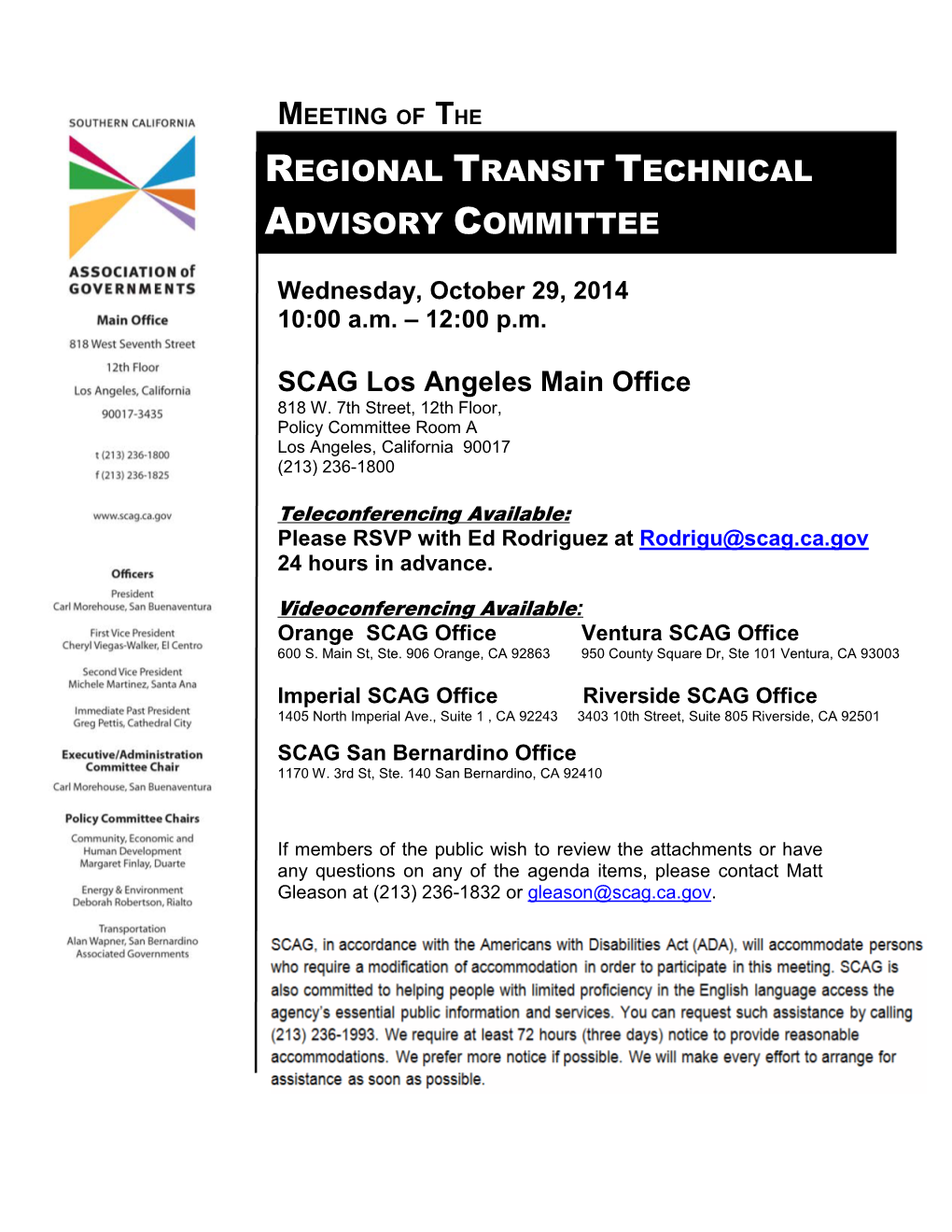 Regional Transit Technical Advisory Committee October 29, 2014 Full