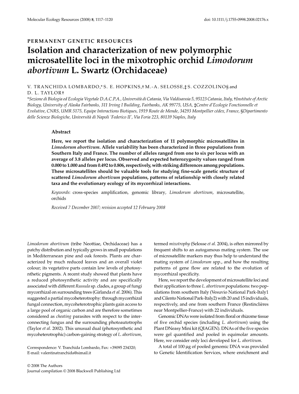 Isolation and Characterization of New Polymorphic Microsatellite Loci in the Mixotrophic Orchid Limodorum Abortivum L