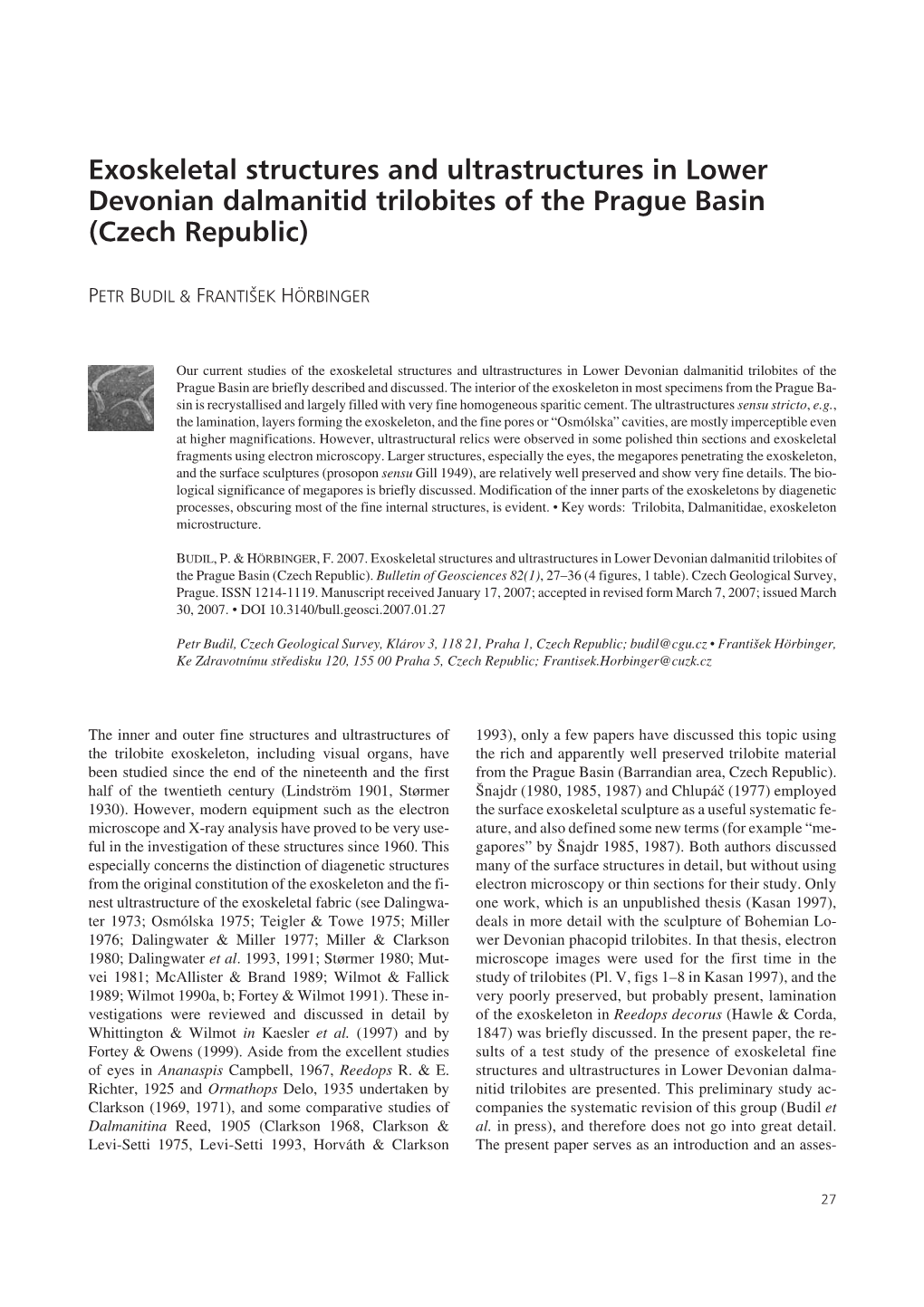 Exoskeletal Structures and Ultrastructures in Lower Devonian Dalmanitid Trilobites of the Prague Basin (Czech Republic)