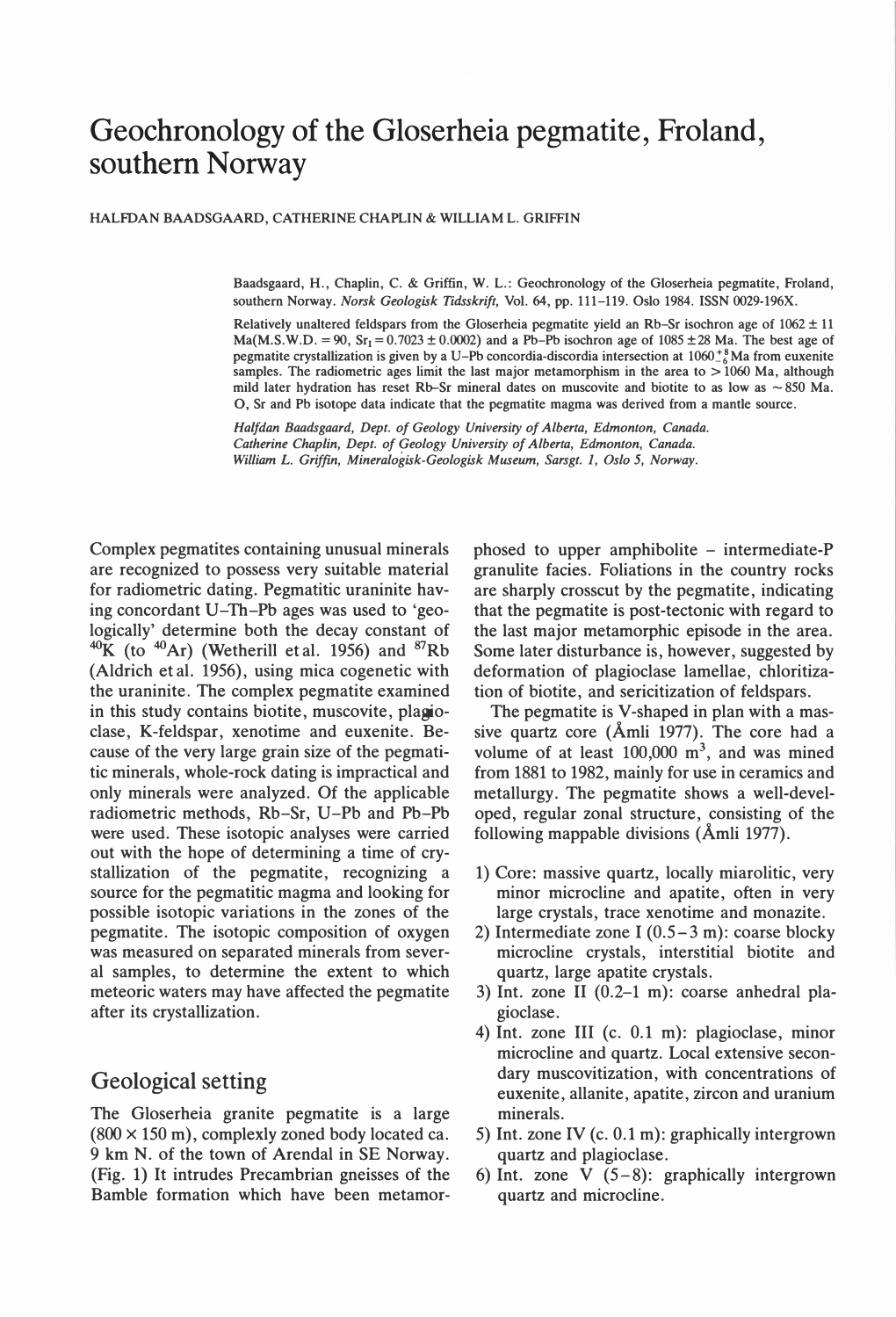 Geochronology of the Gloserheia Pegmatite, Froland, Southem Norway