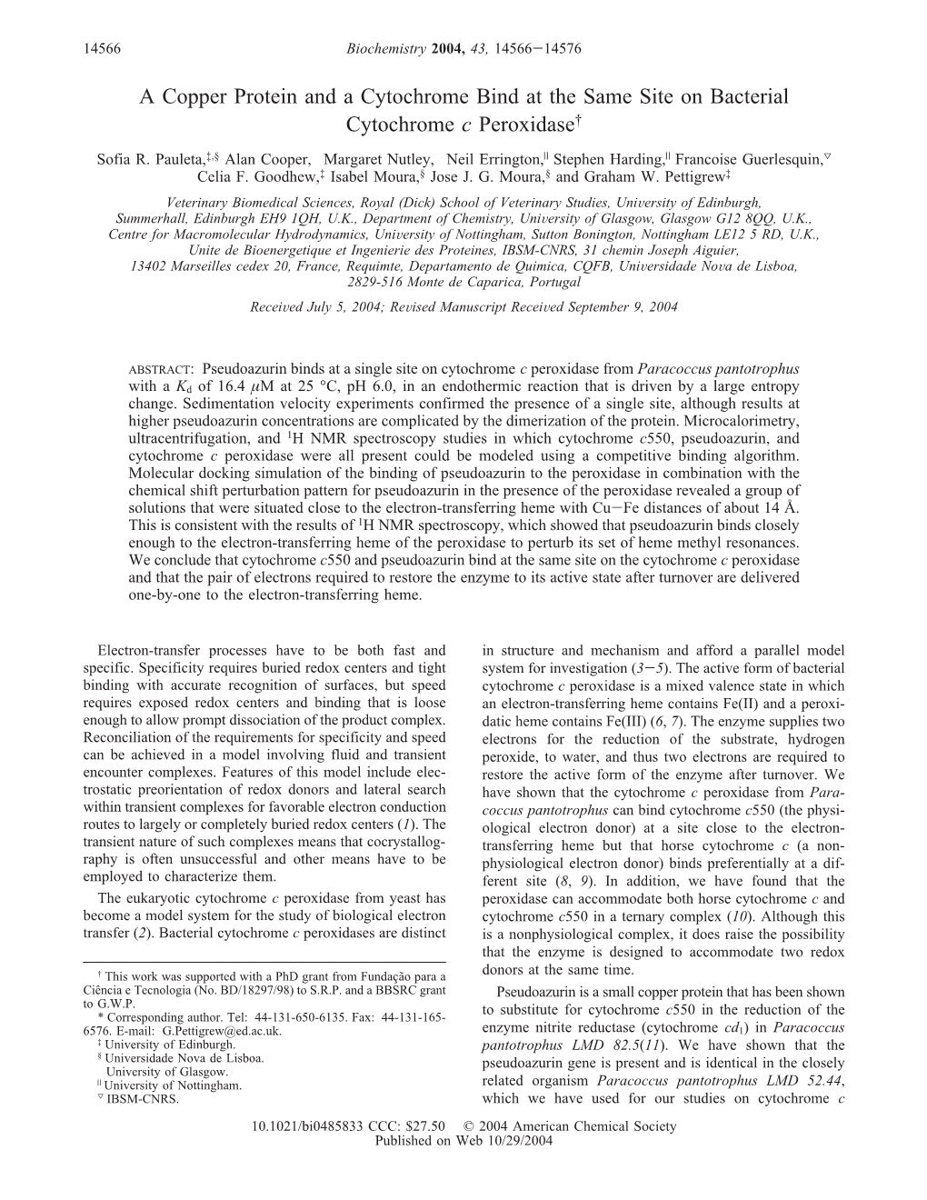 A Copper Protein and a Cytochrome Bind at the Same Site on Bacterial Cytochrome C Peroxidase† Sofia R