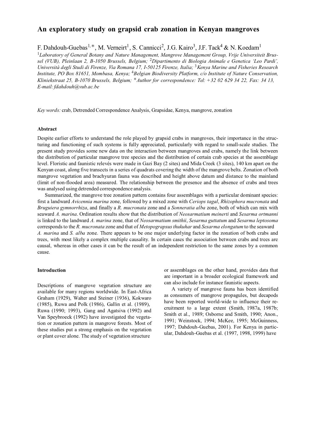 An Exploratory Study on Grapsid Crab Zonation in Kenyan Mangroves