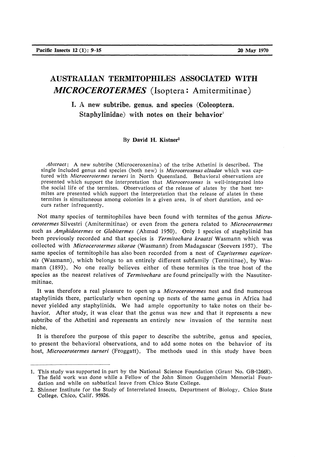 AUSTRALIAN TERMITOPHILES ASSOCIATED with MICROCEROTERMES (Isoptera: Amitermitinae) I