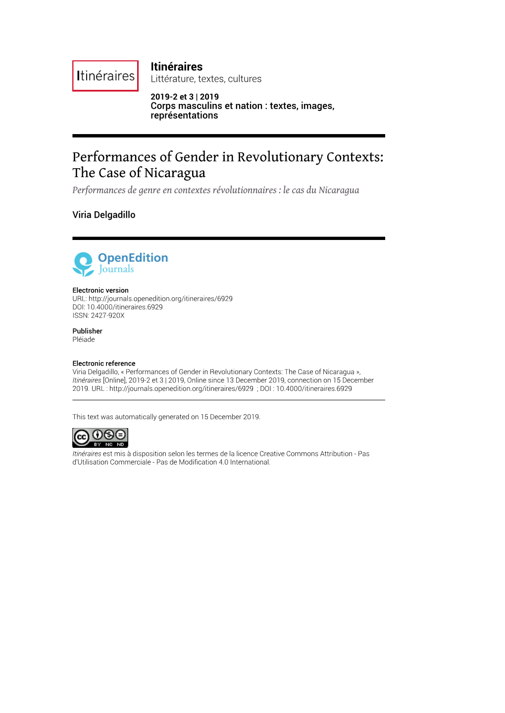 Itinéraires, 2019-2 Et 3 | 2019 Performances of Gender in Revolutionary Contexts: the Case of Nicaragua 2