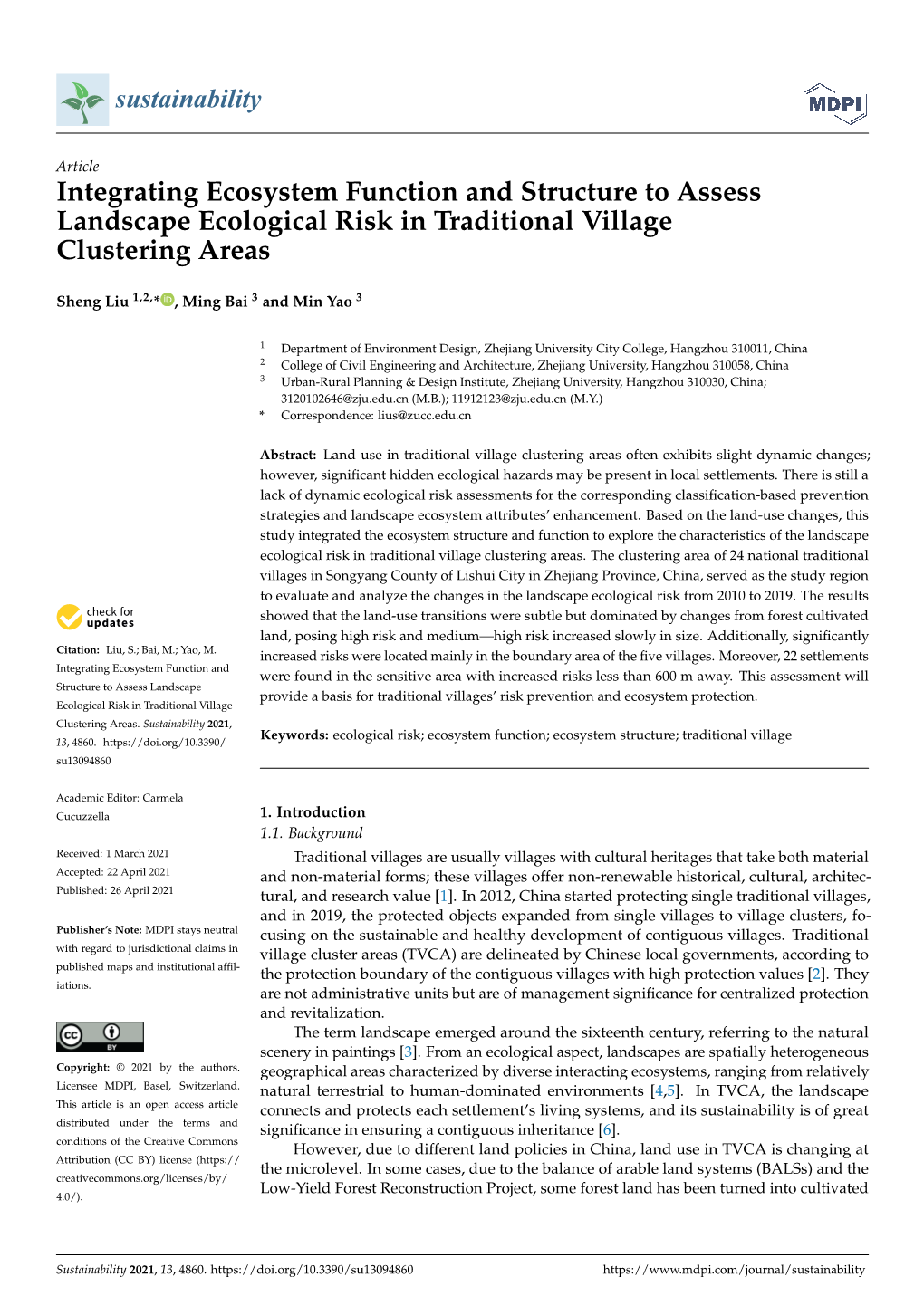 Integrating Ecosystem Function and Structure to Assess Landscape Ecological Risk in Traditional Village Clustering Areas