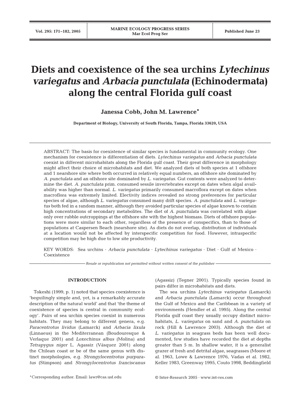 Diets and Coexistence of the Sea Urchins Lytechinus Variegatus and Arbacia Punctulata (Echinodermata) Along the Central Florida Gulf Coast