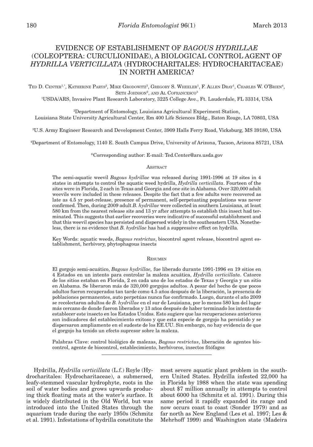 Evidence of Establishment of Bagous Hydrillae (Coleoptera