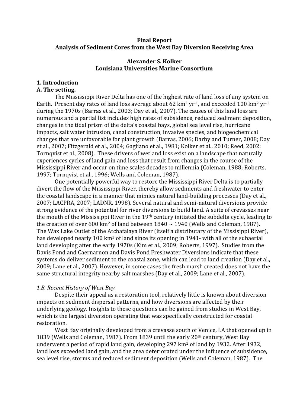 Final Report Analysis of Sediment Cores from the West Bay Diversion Receiving Area