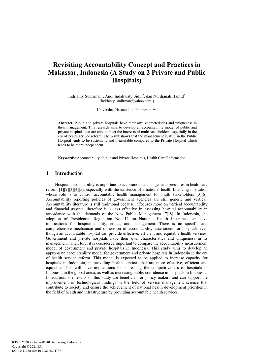Revisiting Accountability Concept and Practices in Makassar, Indonesia (A Study on 2 Private and Public Hospitals)
