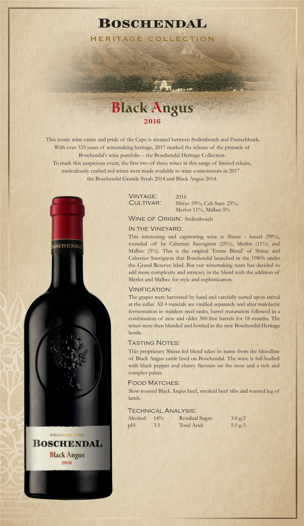 Boschendal Heritage Black Angus 2016 Tasting Sheet