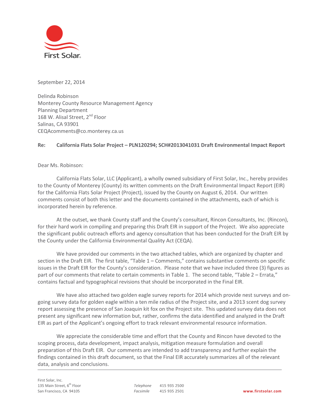 September 22, 2014 Delinda Robinson Monterey County Resource Management Agency Planning Department 168 W. Alisal Street, 2Nd