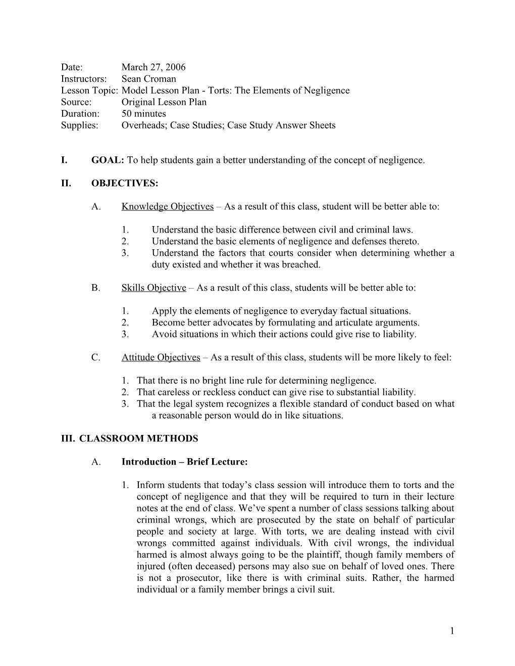 Lesson Topic: Model Lesson Plan - Torts: the Elements of Negligence