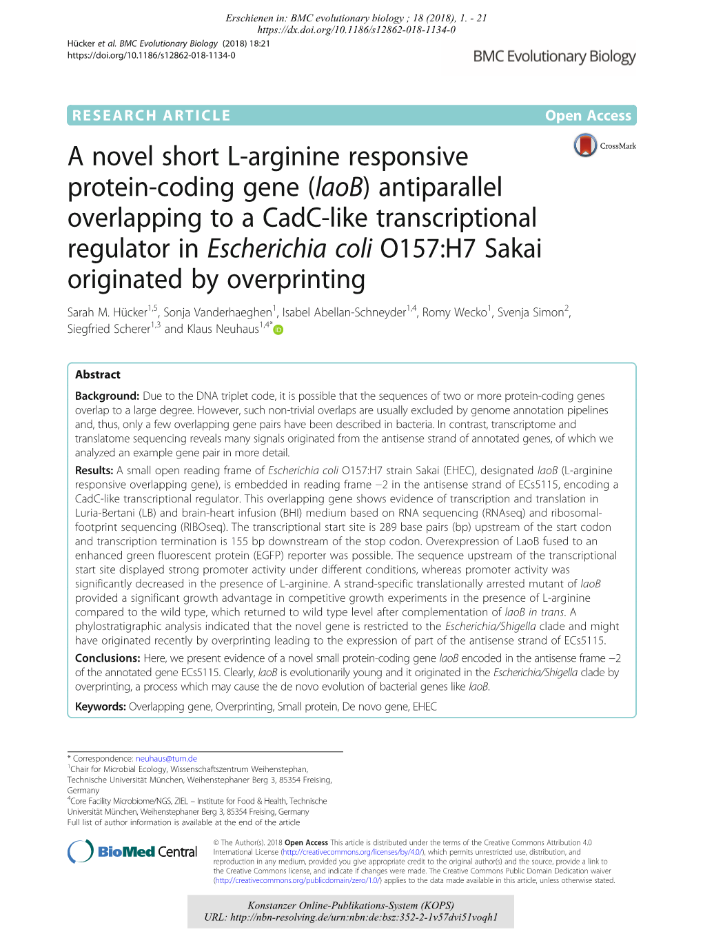 A Novel Short L-Arginine Responsive Protein-Coding Gene (Laob)