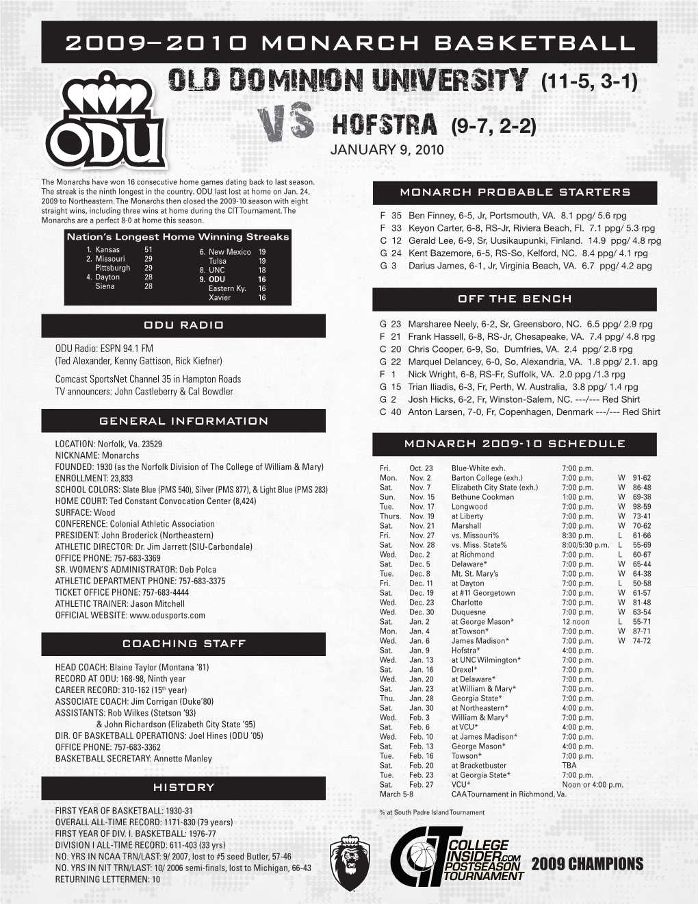 Old Dominion University (11-5, 3-1) Vs Hofstra (9-7, 2-2) JANUARY 9, 2010