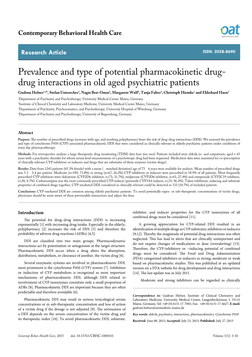 Prevalence and Type of Potential Pharmacokinetic Drug-Drug Interactions in Old Aged Psychiatric Patients