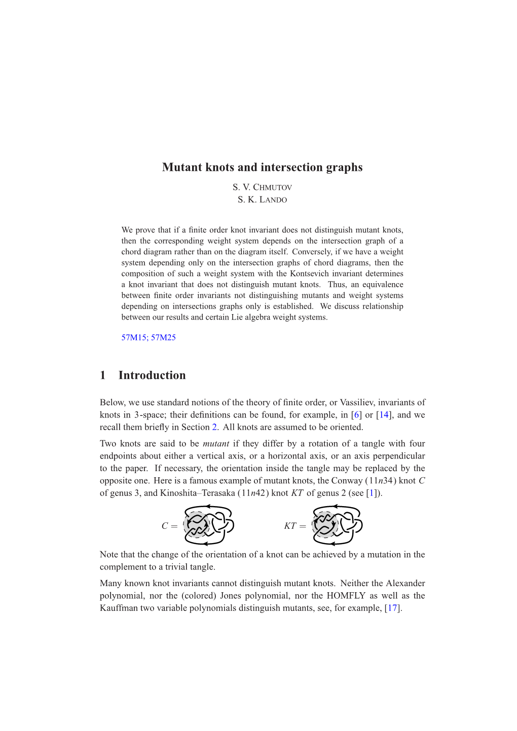 Mutant Knots and Intersection Graphs 1 Introduction