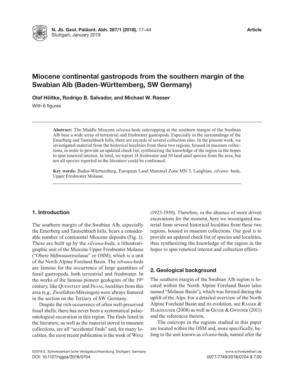 Miocene Continental Gastropods from the Southern Margin of the Swabian Alb (Baden-Württemberg, SW Germany)