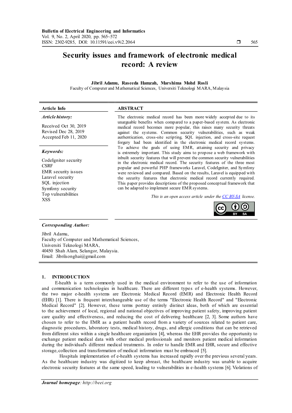 Security Issues and Framework of Electronic Medical Record: a Review