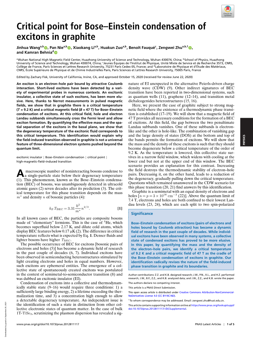 Critical Point for Bose–Einstein Condensation of Excitons in Graphite