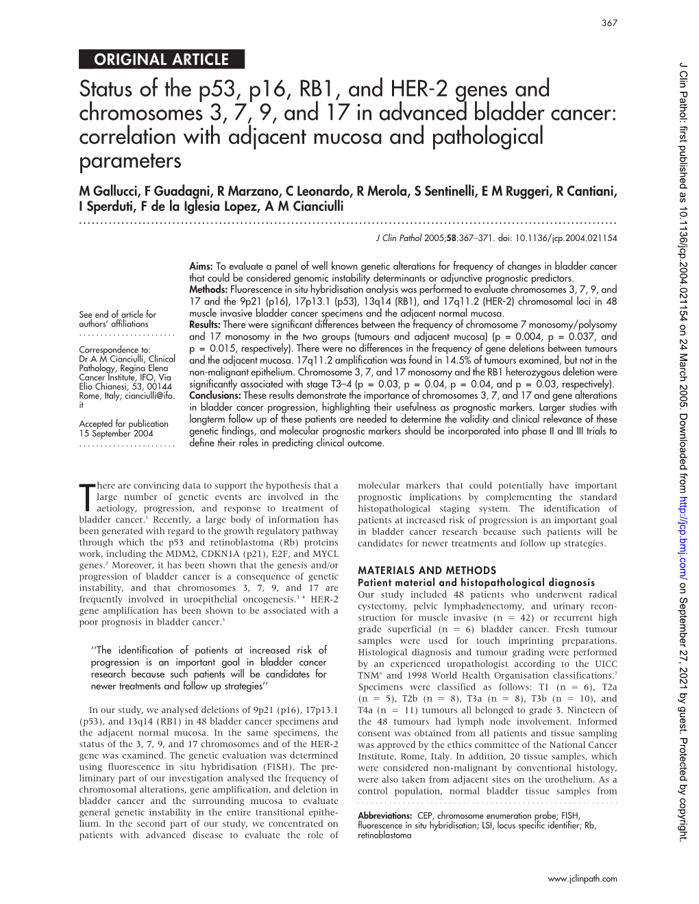 Status of the P53, P16, RB1, and HER-2 Genes and Chromosomes 3