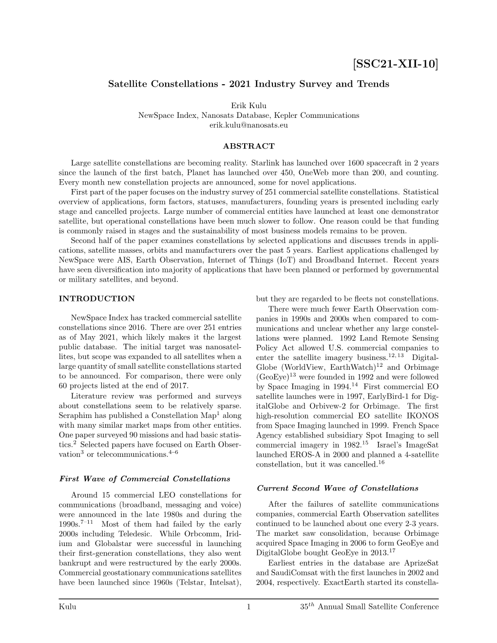 Satellite Constellations - 2021 Industry Survey and Trends