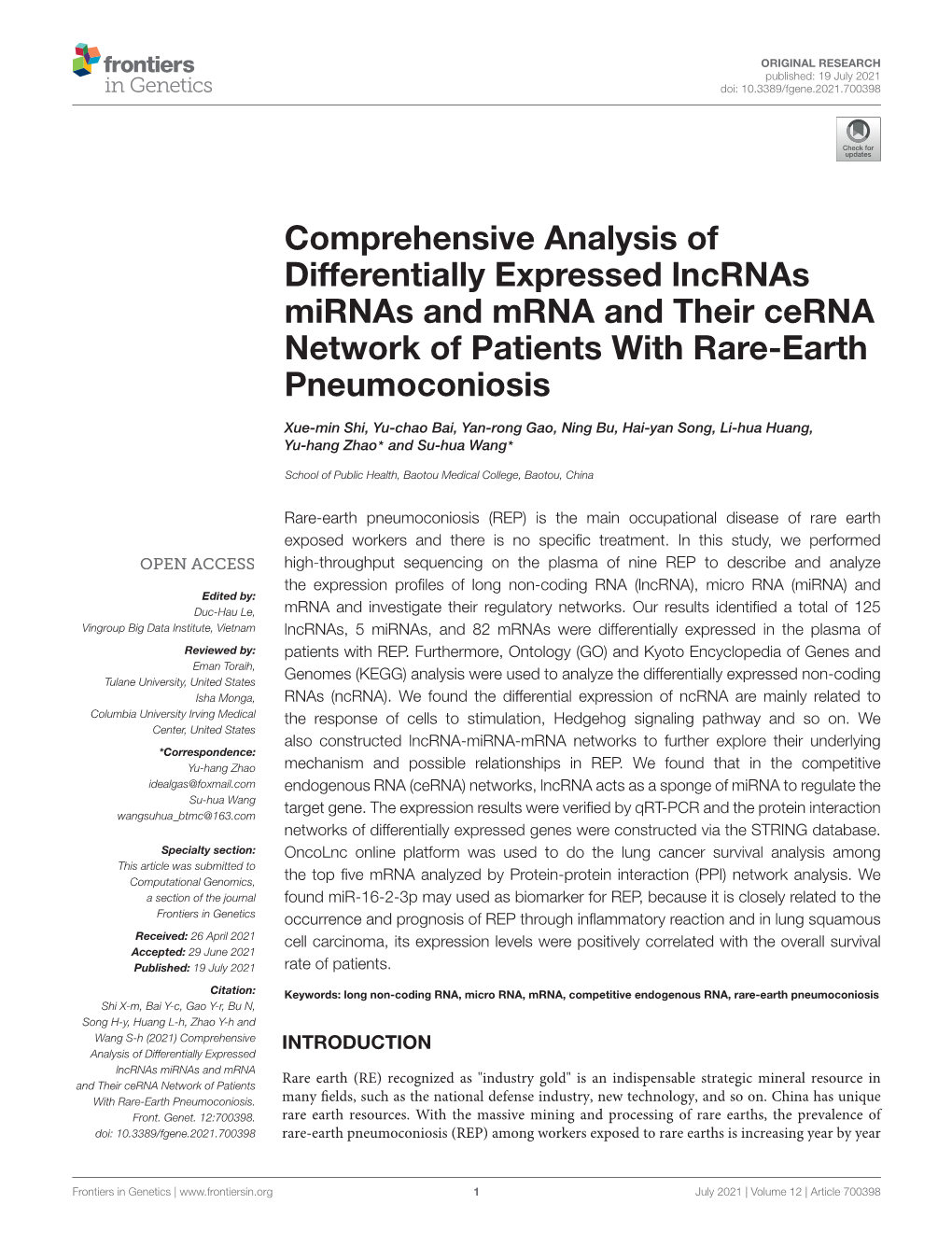 Comprehensive Analysis of Differentially Expressed Lncrnas Mirnas and Mrna and Their Cerna Network of Patients with Rare-Earth Pneumoconiosis