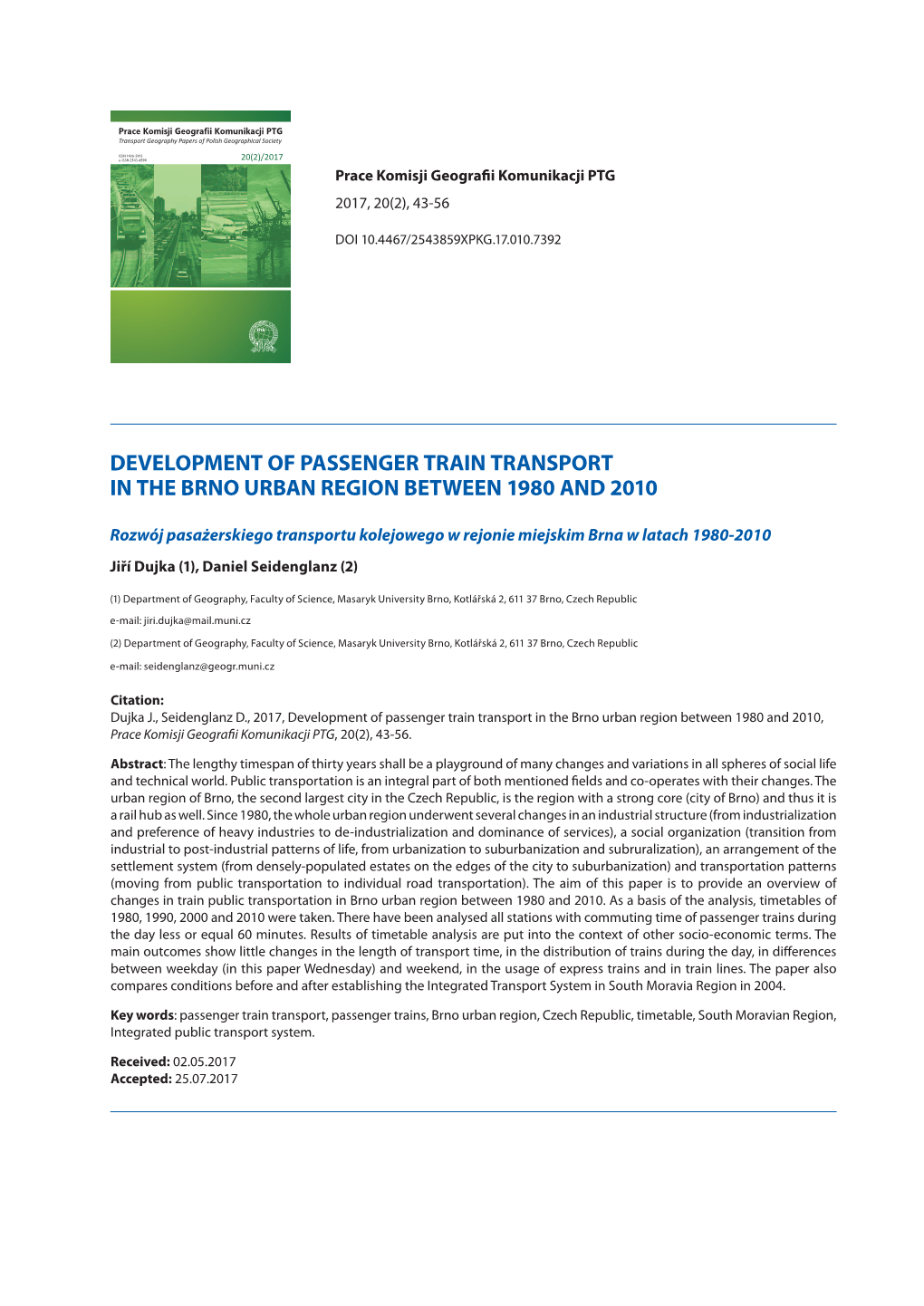 Development of Passenger Train Transport in the Brno Urban Region Between 1980 and 2010