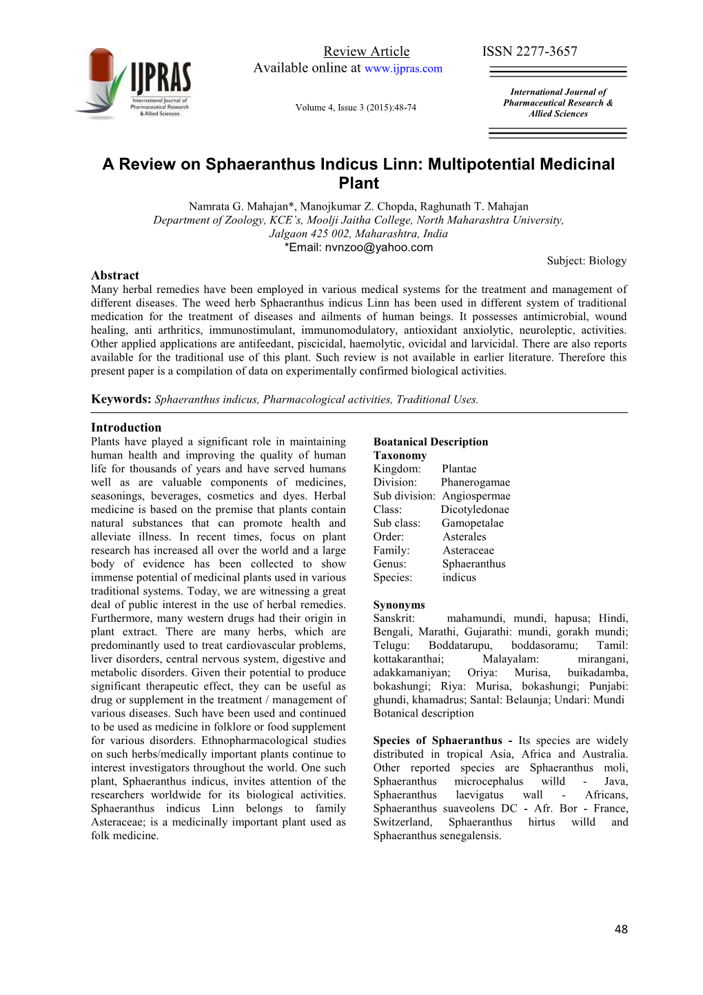 A Review on Sphaeranthus Indicus Linn: Multipotential Medicinal Plant Namrata G