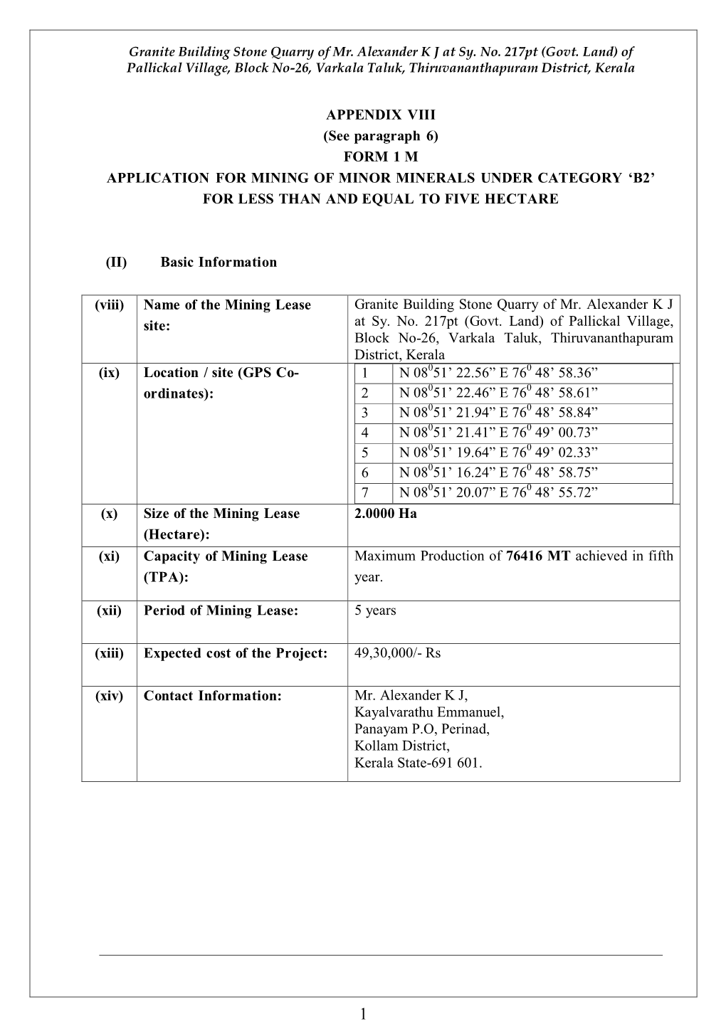 Form 1 M Application for Mining of Minor Minerals Under Category ‘B2’ for Less Than and Equal to Five Hectare