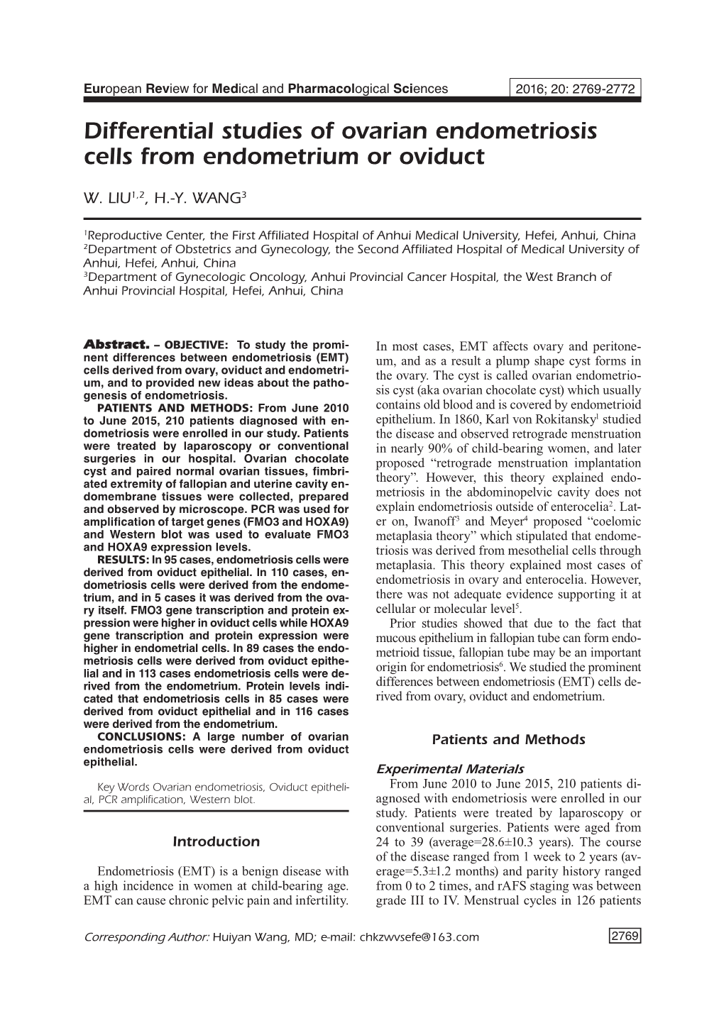 Differential Studies of Ovarian Endometriosis Cells from Endometrium Or Oviduct